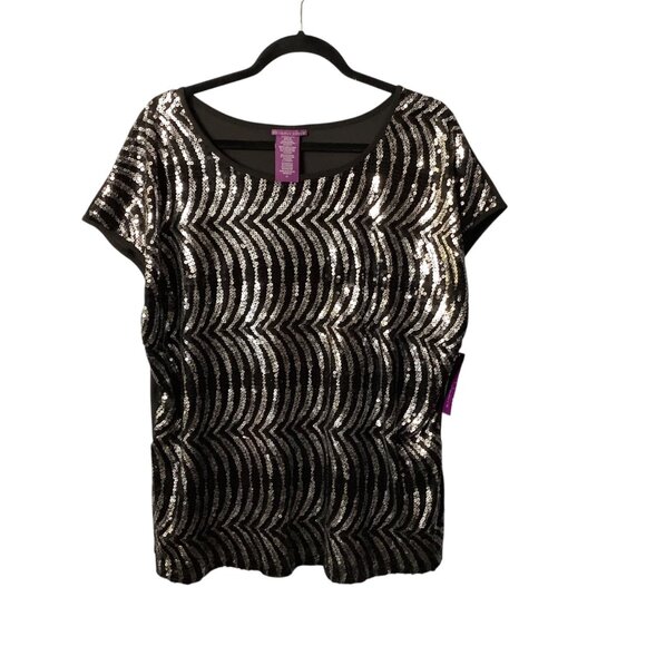 Beverly Drive Women Plus Sequin Top 2X Black Silver Short Sleeve Formal NWT - Picture 1 of 8